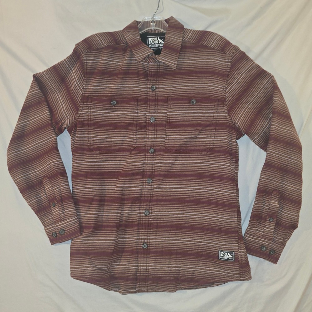 Eddie Bauer Field Flannel Shirt Jacket Small Mens Burgundy Stripe Fleece Lined